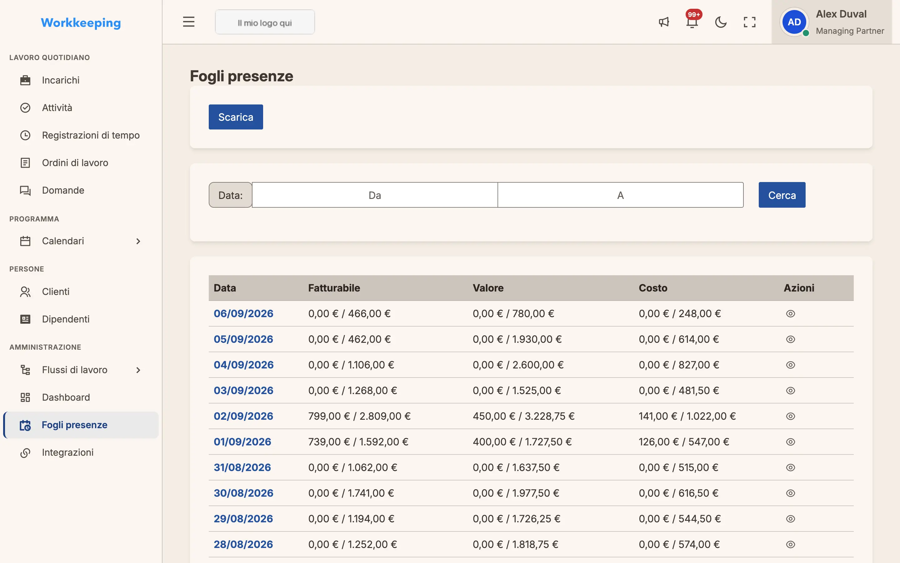 Timesheet dell'intero studio con le ore registrate da tutto il team