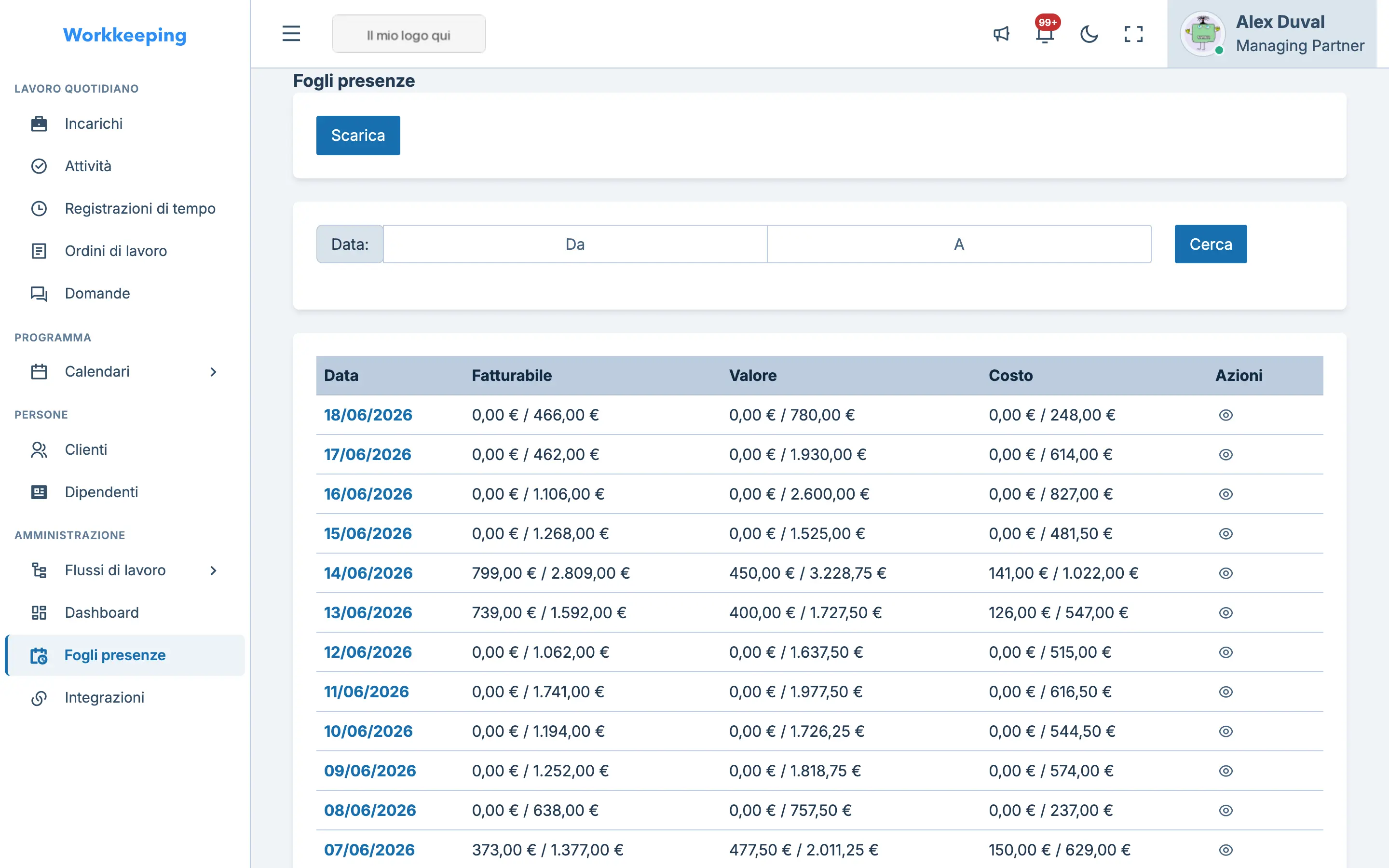 Timesheet dell'intero studio con le ore registrate da tutto il team