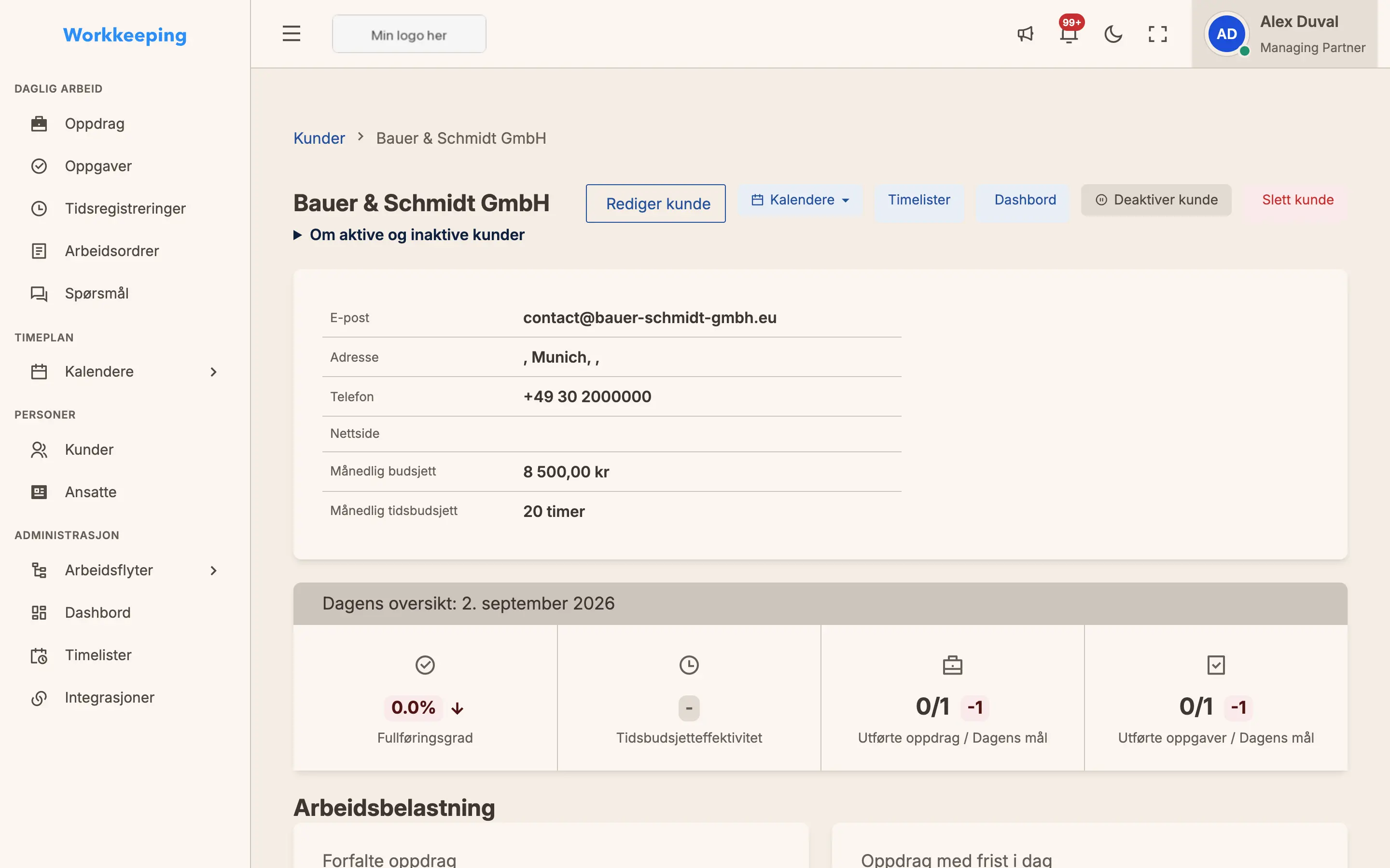 Klientdetaljeside med kontakter, jobber og aktivitetshistorikk