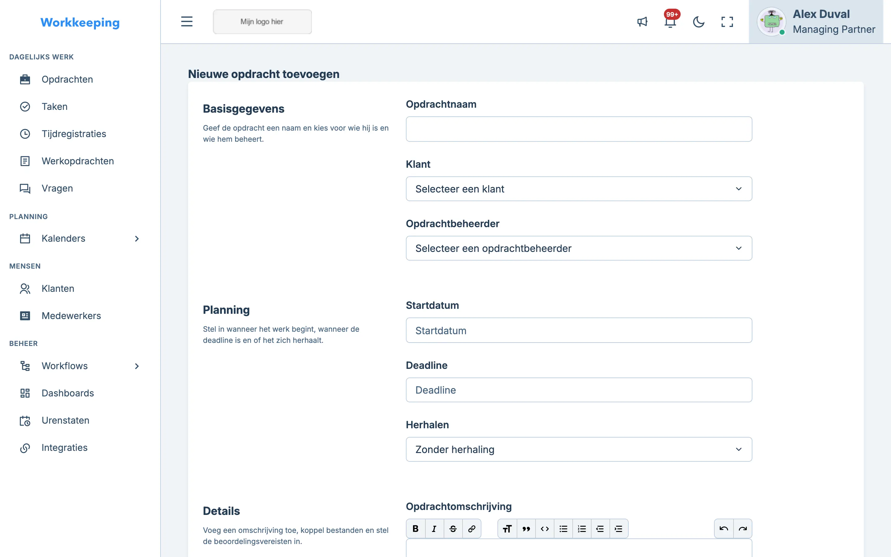 Formulier voor een nieuwe opdracht met overzichtelijke secties voor details, planning en toewijzing