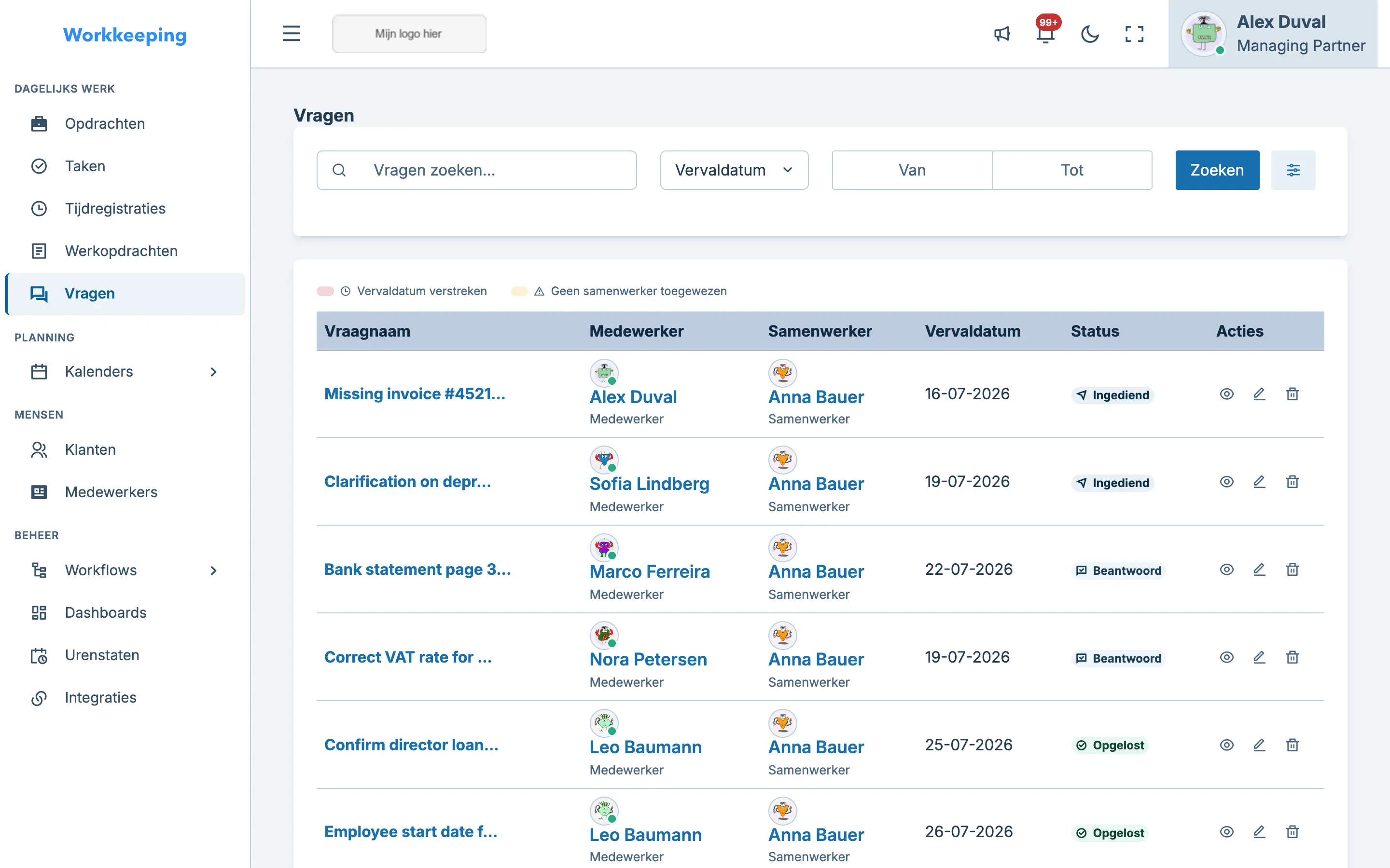 Vragen met kleurgecodeerde statussen