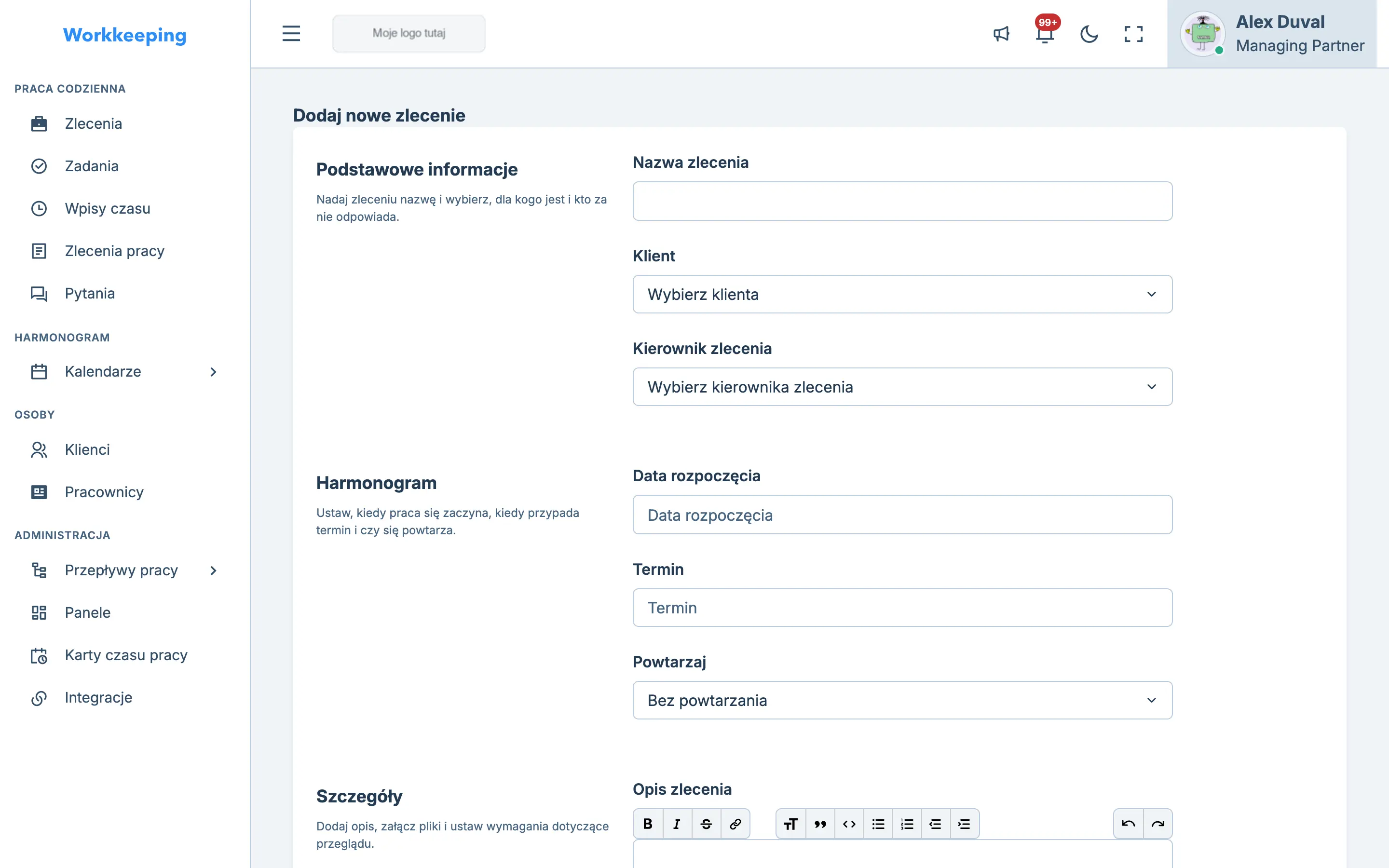 Formularz nowego zlecenia z wyraźnie podzielonymi sekcjami na szczegóły, harmonogram i przydział