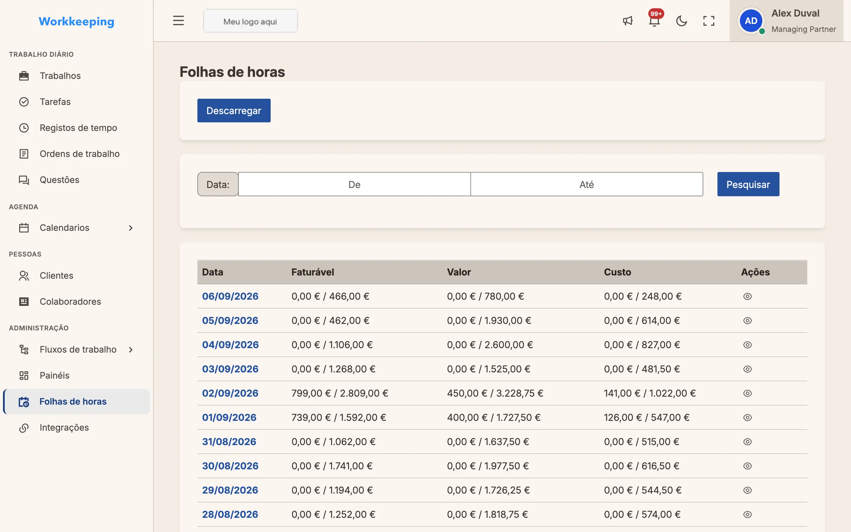 Folhas de horas de todo o gabinete com as horas registadas pela equipa